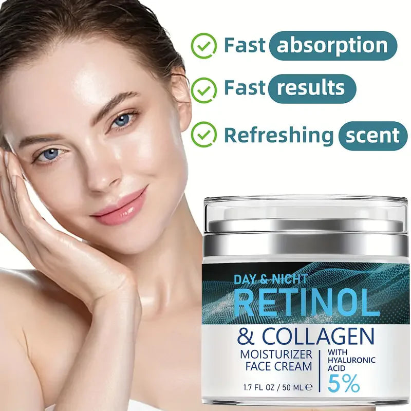 A woman with glowing skin next to a jar of ENVISHA Retinol & Collagen face cream with text highlighting its benefits.