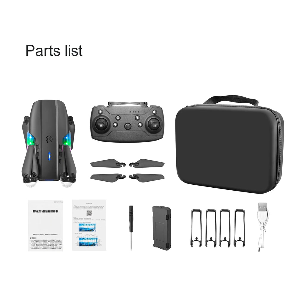 Foldable black drone, remote controller, spare blades, protective guards, battery, screwdriver, cable, and travel case.
