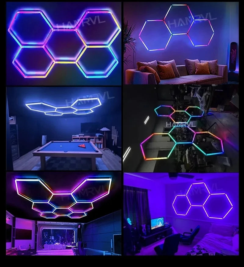 Garage Dimmable Hexagon LED Lighting RGB Color Change 3000-6000K Gym BarberShop Honeycomb Ceiling Lights Halloween Party Gaming