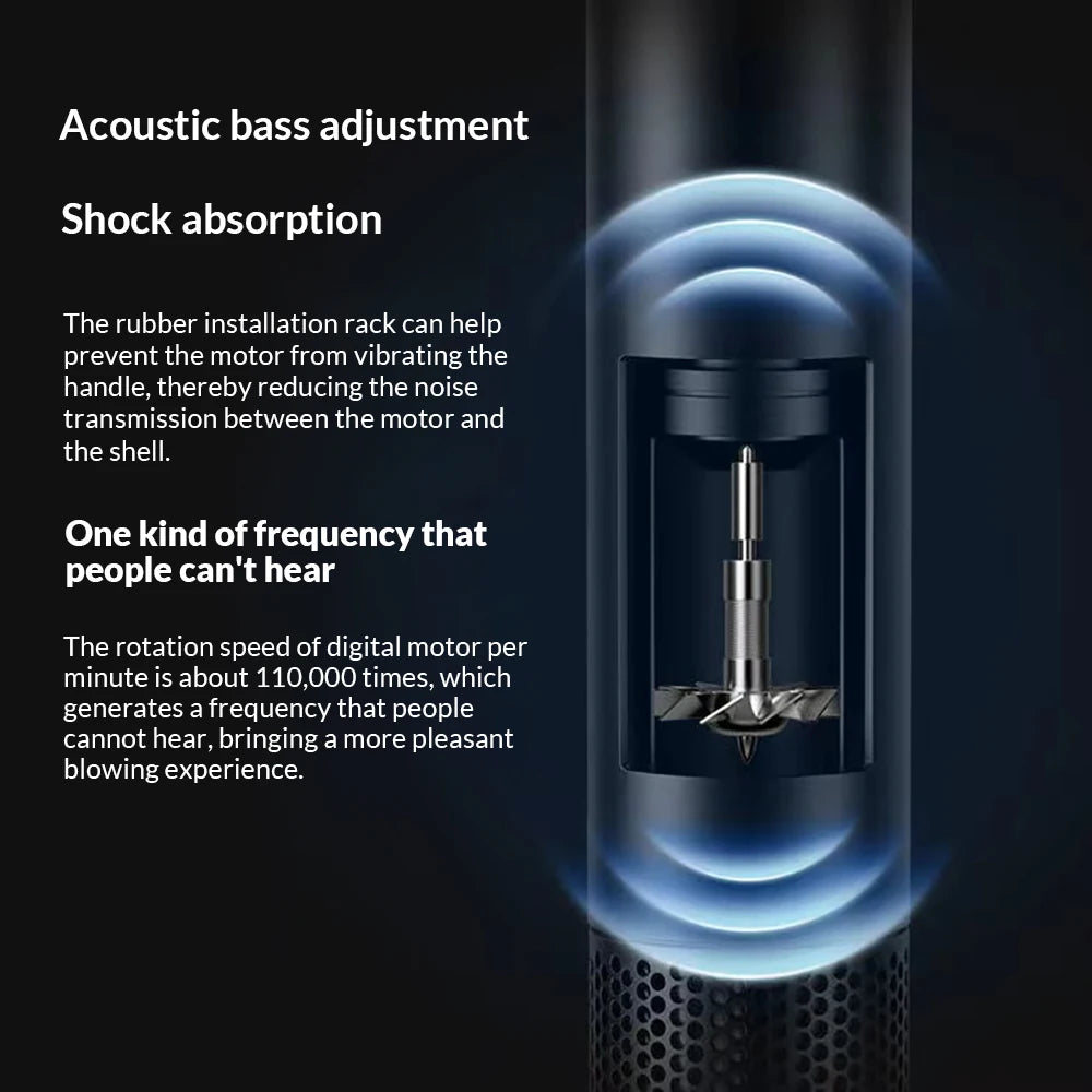 Black 5-in-1 ionic hair dryer featuring a quiet, high-speed digital motor with acoustic shock absorption technology.