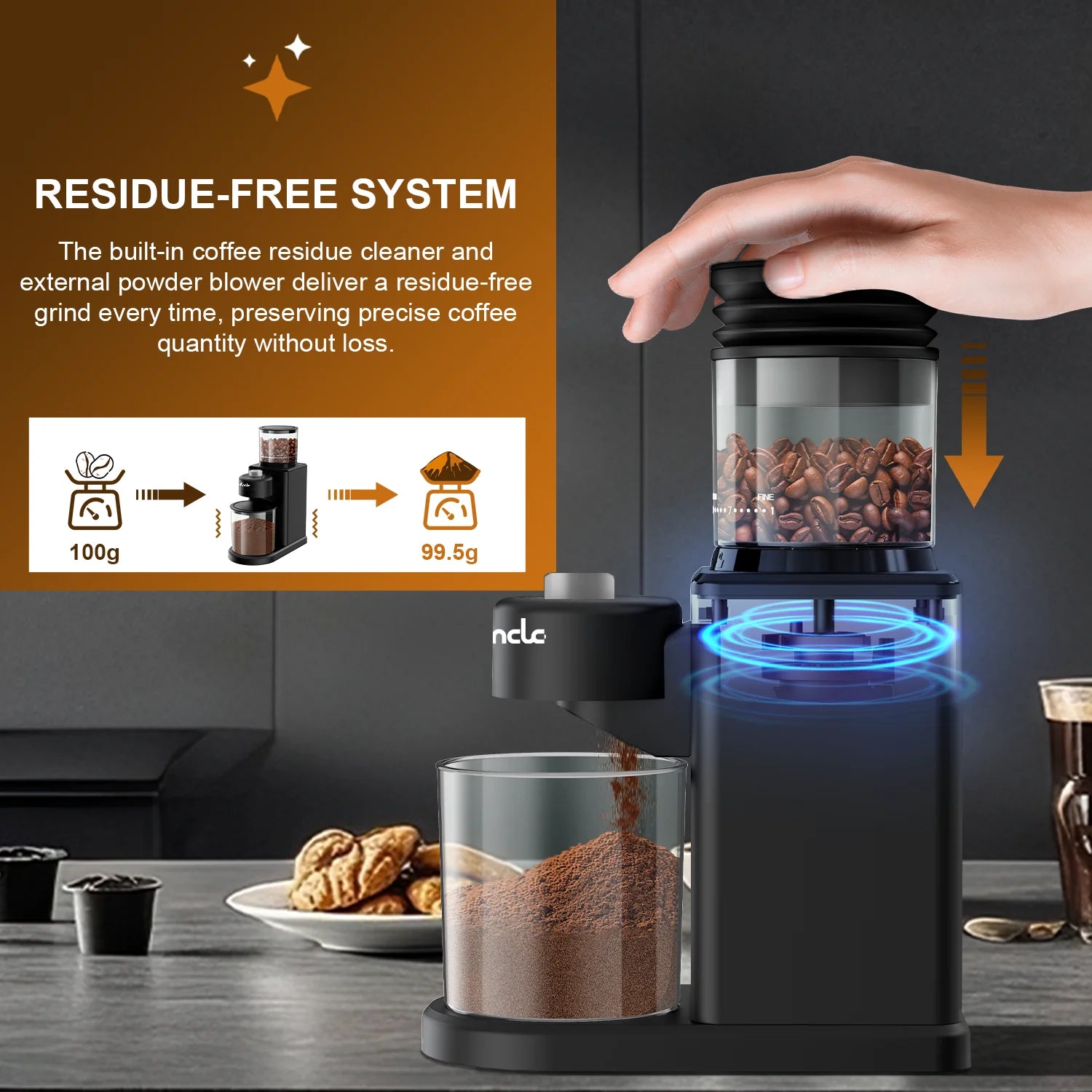 NCLC black electric coffee grinder with residue-free blowing system and clear bean hopper for precise grinding.