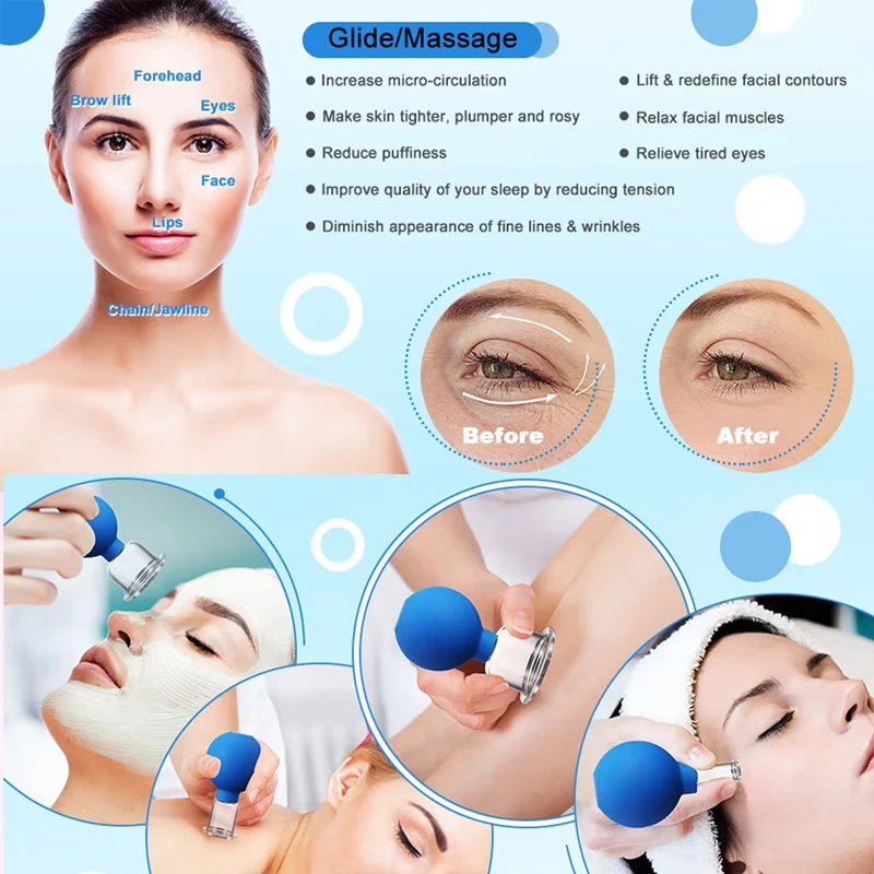 Blue rubber and glass vacuum cupping tools shown in use on a face to lift skin and reduce wrinkles.