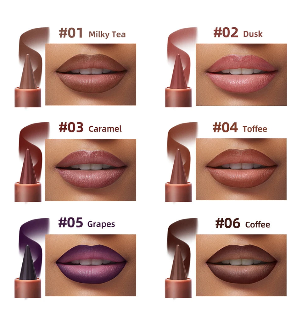 Waterproof matte lip liner pencils in 6 shades, from milky tea and caramel to coffee, showcasing gradient lip makeup.