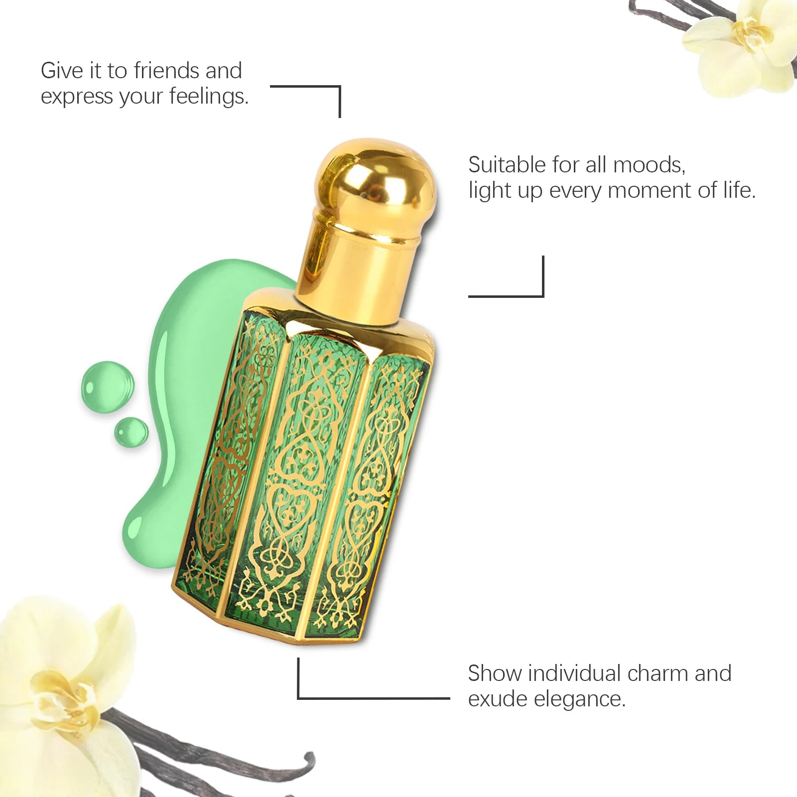 Roxelis Vanilla long-lasting perfume for women. Elegant green glass bottle with gold cap, floral notes, Arabian style.