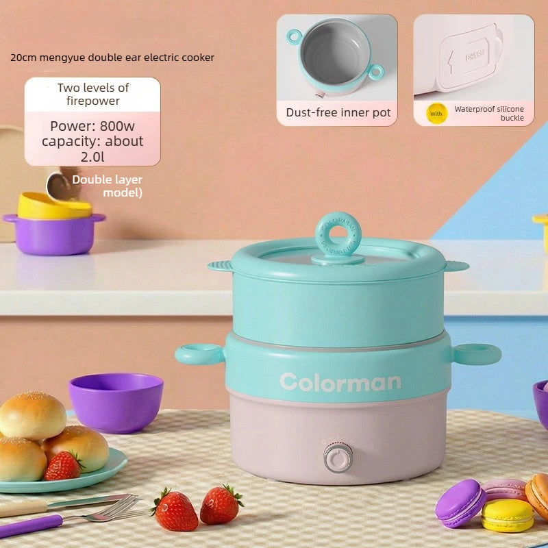 Electric double-layer cooking pot in teal and pink with dual handles and lid