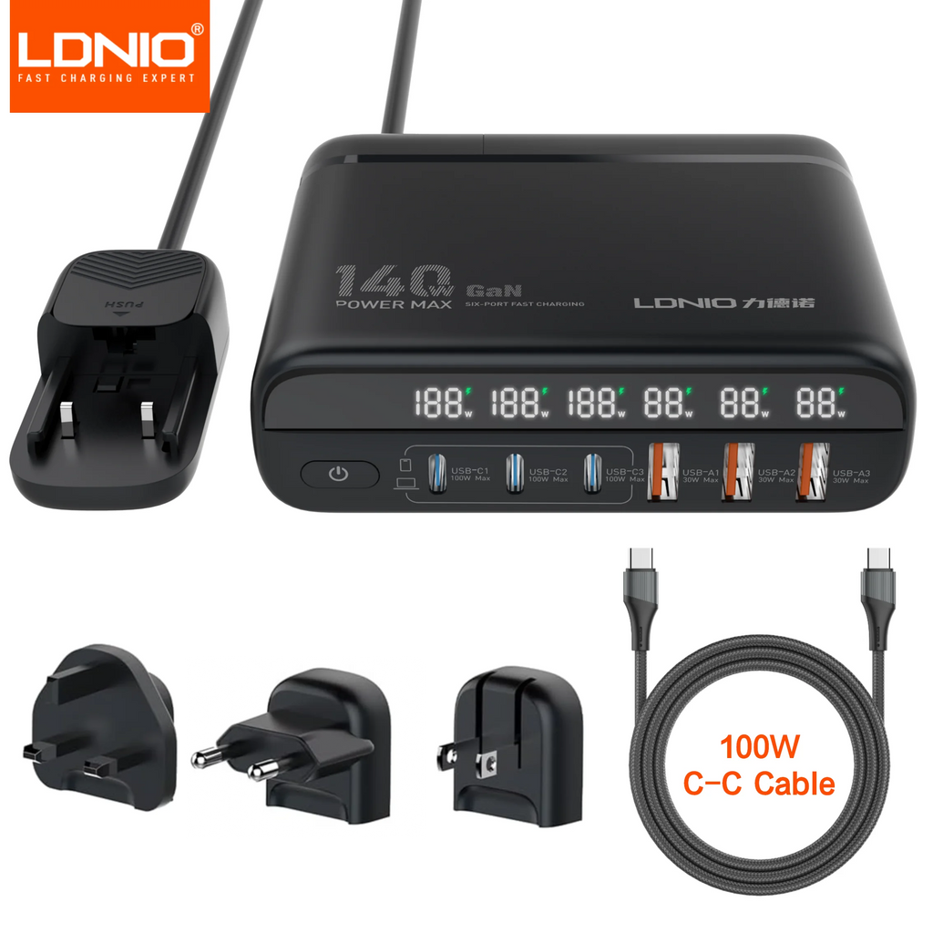 LDNIO 140W GaN international Travel Adapter USB C Charger Block 100W Port LED Display AU US UK EU Charging Station Wall Charger