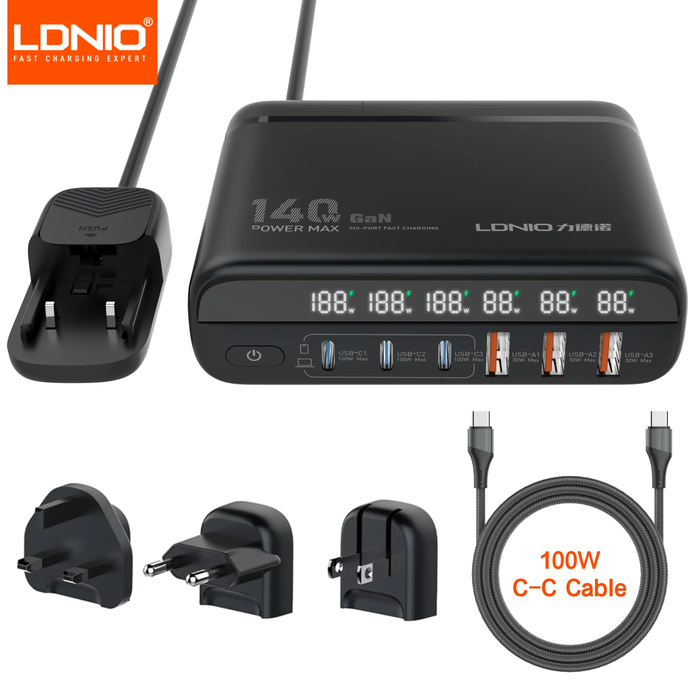 LDNIO 140W GaN international Travel Adapter USB C Charger Block 100W Port LED Display AU US UK EU Charging Station Wall Charger