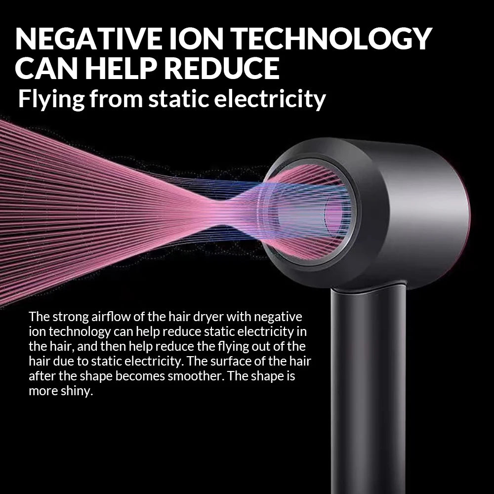 Black ionic hair dryer with negative ion technology for smooth, shiny hair styling and reduced static frizz.