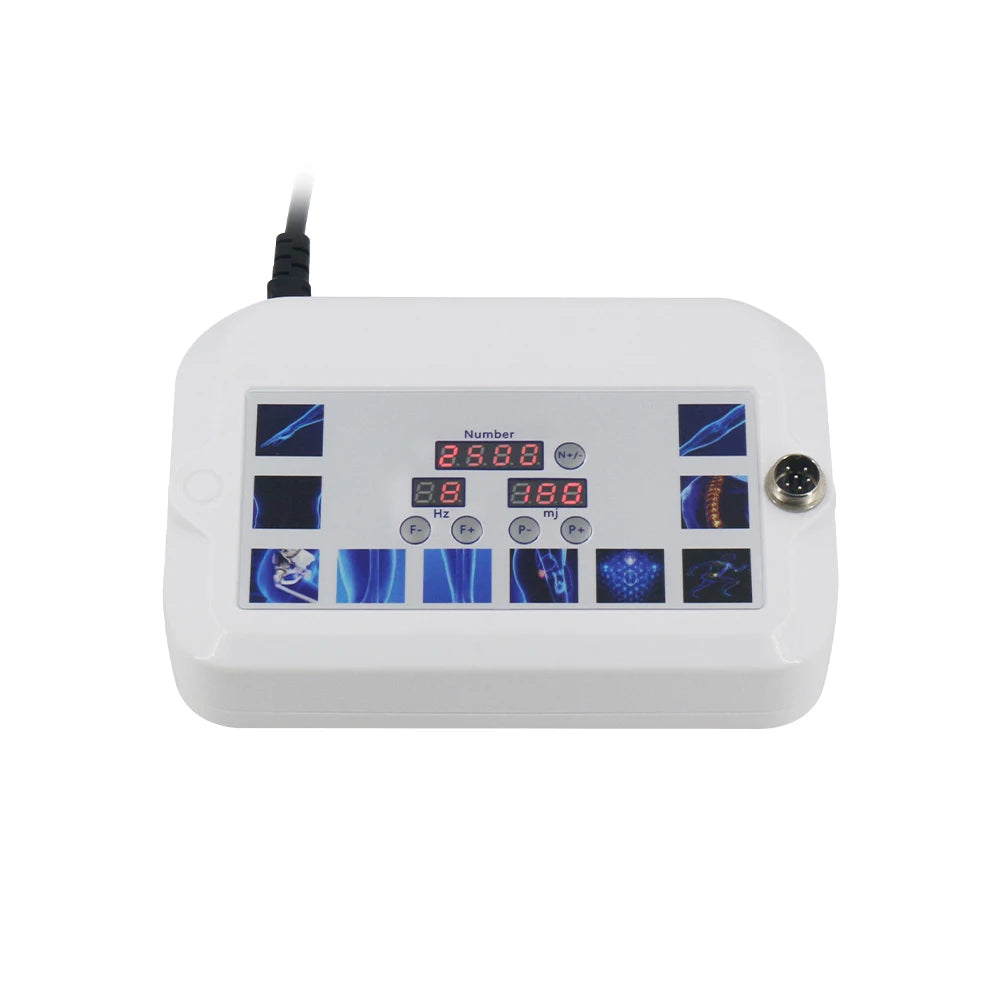 White 300mj shockwave therapy machine with digital LED display for physiotherapy, muscle pain relief, and massage.