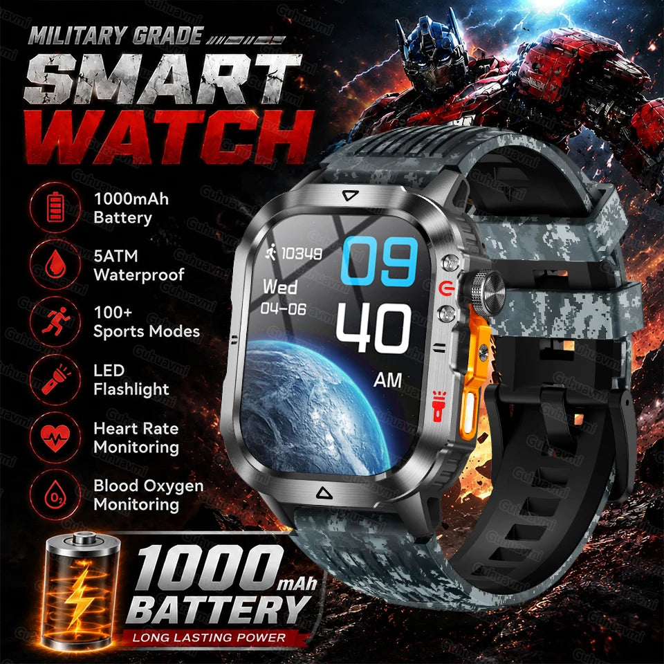 Black rugged smartwatch with round display and black silicone strap