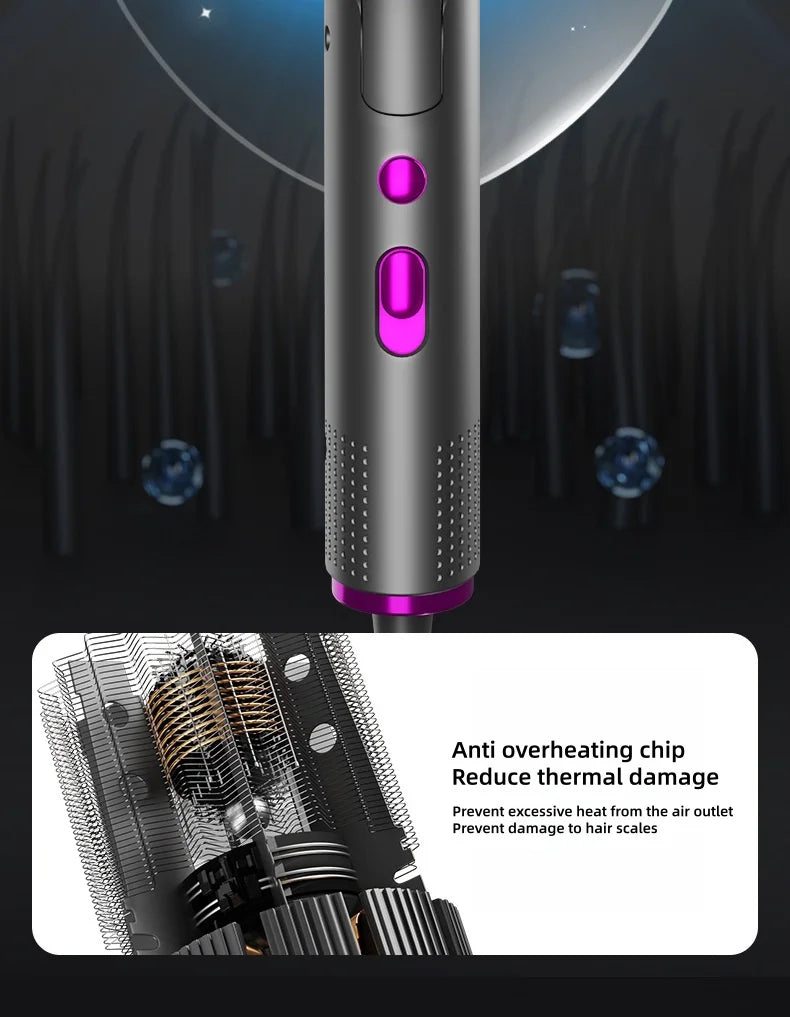 Grey 2400W foldable hair dryer with pink buttons, showing anti-overheating thermal protection technology.