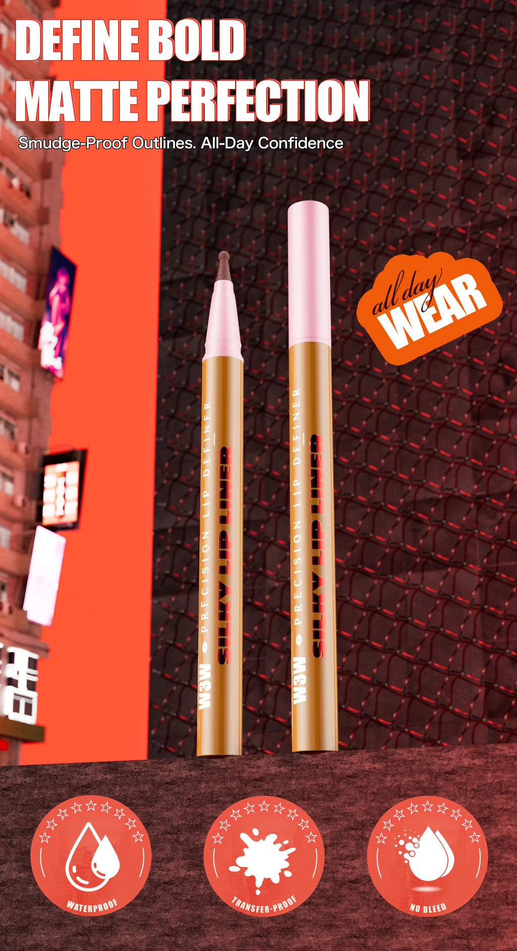 Waterproof matte liquid lip liner pencil in gold packaging for long-lasting, smudge-proof lip definition.