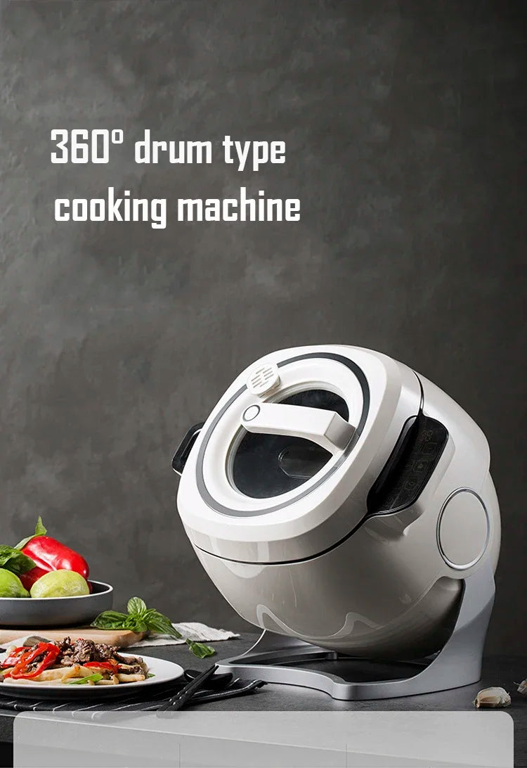 White 360 drum cooking machine with open lid and front control panel