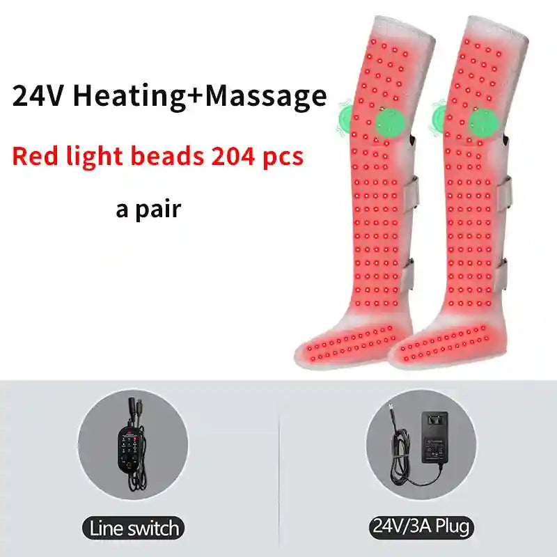 A pair of gray fabric leg heating boots with 204 red light therapy beads, a wired remote, and a power adapter.