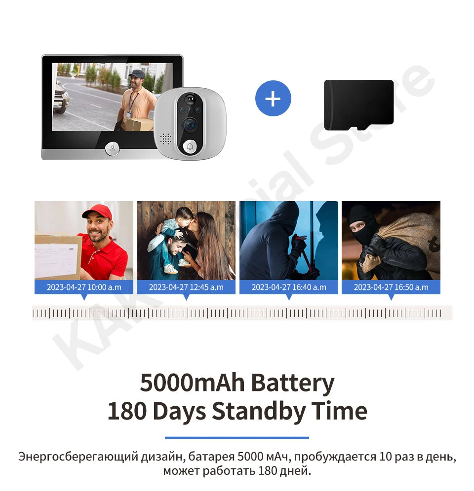 KAK Wifi Smart Door Bell Camera 4.3" Video Door Peephole Door Viewer 170 Degree Motion Detection Tuya APP Alexa Google Assistant