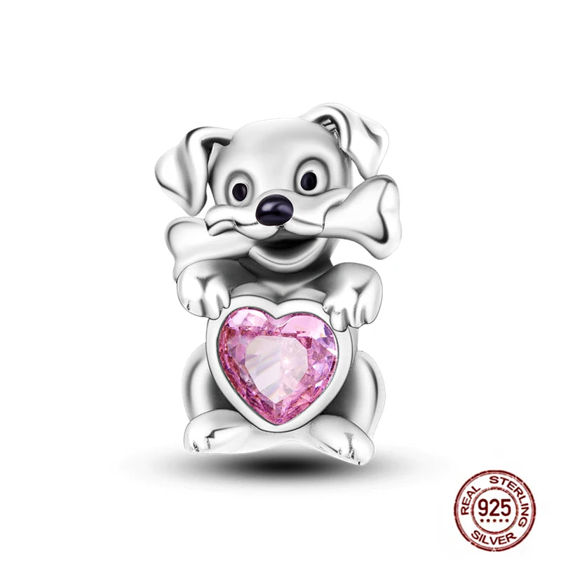 Cute 925 sterling silver puppy dog charm with pink heart crystal, perfect for DIY charm bracelets and pet lovers.