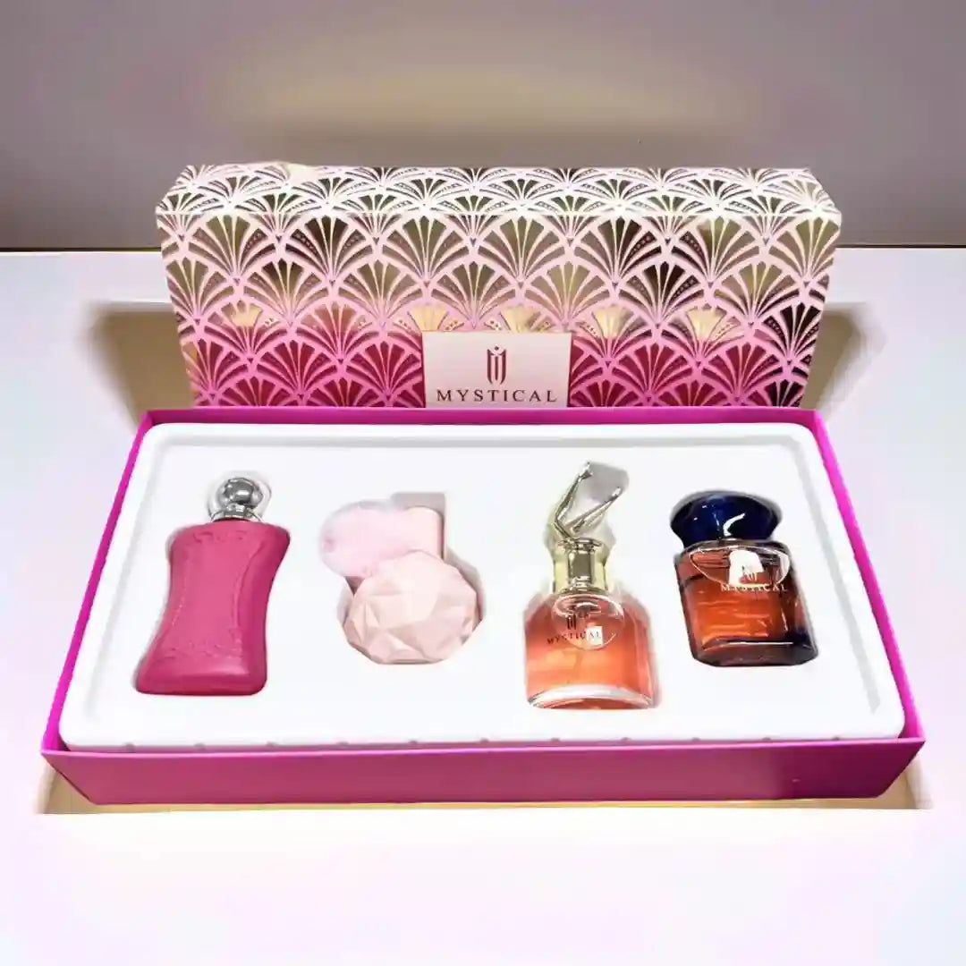 MYSTICAL unisex perfume gift set with 4 mini fragrance bottles in a decorative pink box; ideal luxury birthday gift.