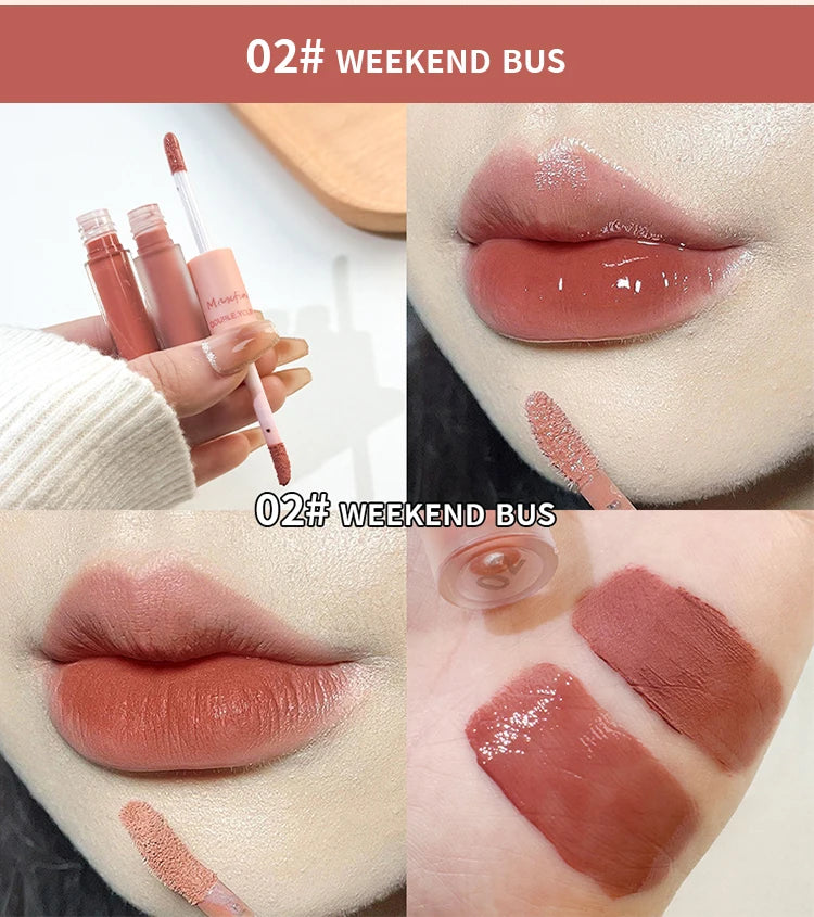 Double-headed lip gloss in 02# Weekend Bus featuring velvet matte and glossy mirror finishes for durable, hydrated lips.
