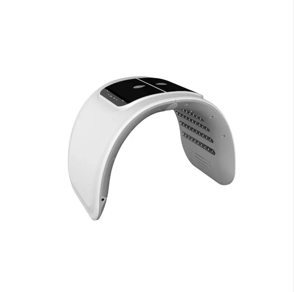 White arched LED facial rejuvenation device with a black top control panel and interior light therapy panels.