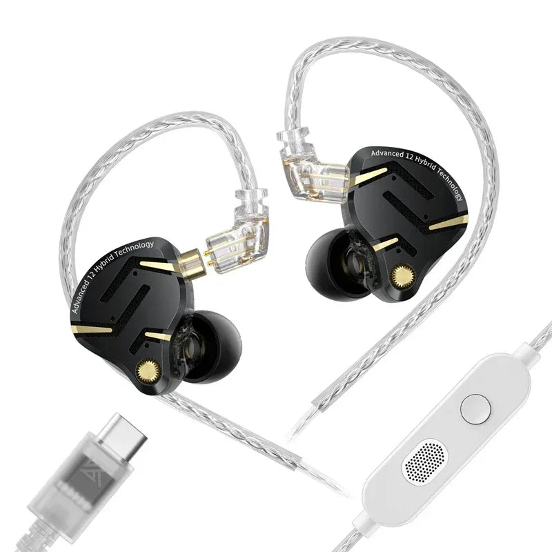 KZ ZS12 Pro Hybrid In-Ear Monitors HiFi Wired Earphones - Tidesmit black with mic-C Tidesmit