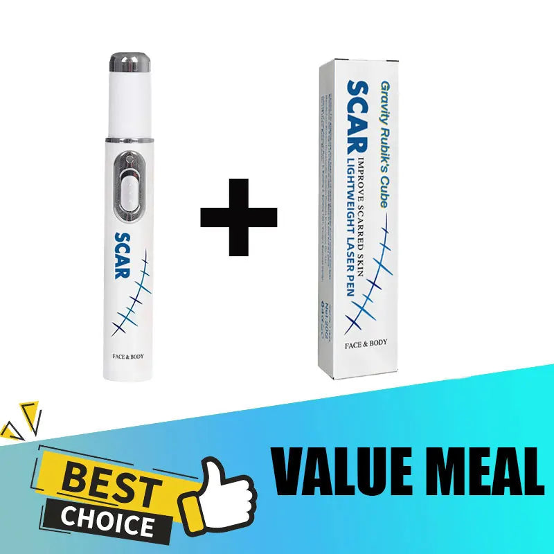 White and silver scar removal laser pen and its tall, rectangular box with blue and black text.