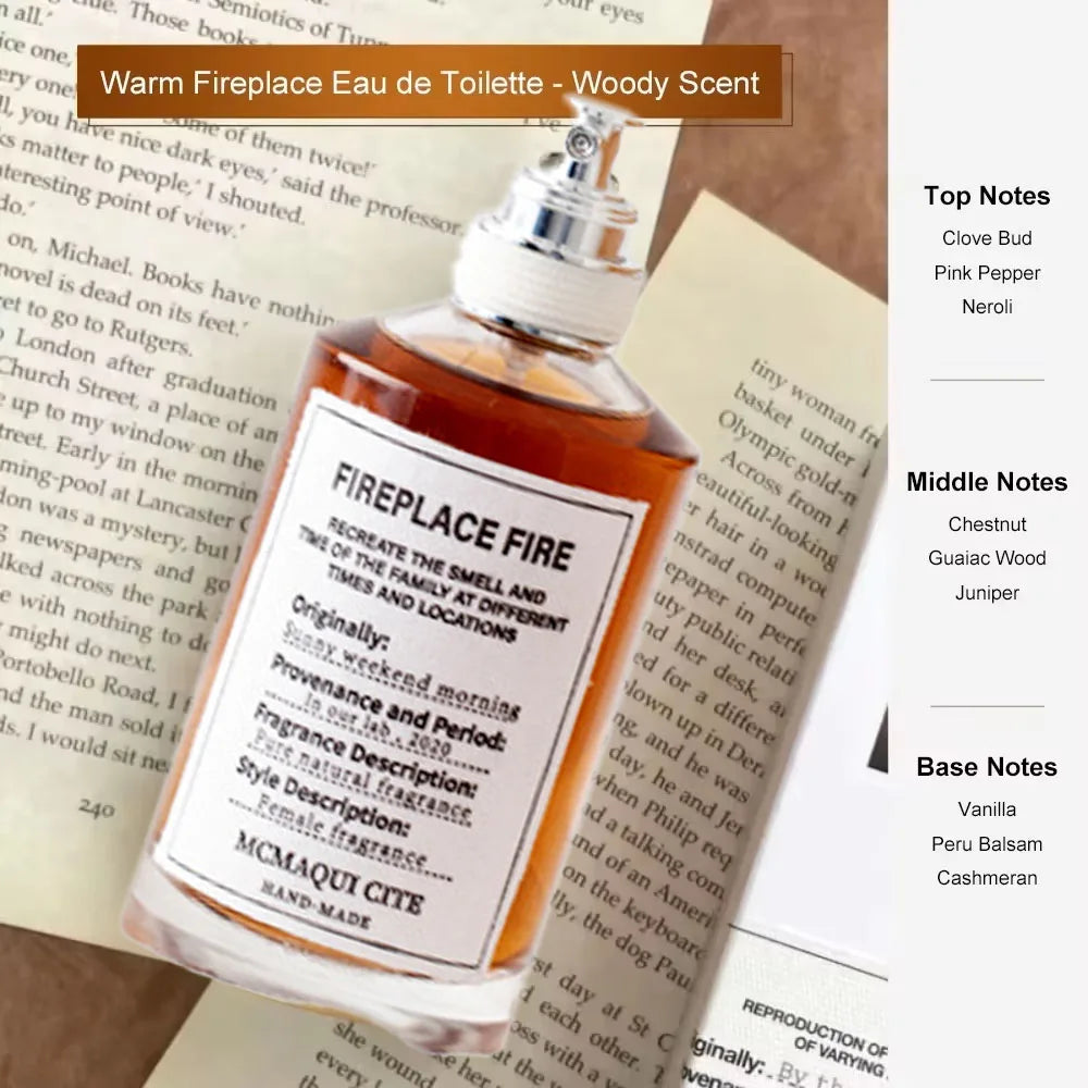 McMaqui Cite Fireplace Fire EDT: 100ml unisex woody perfume, clove & vanilla notes, elegant glass bottle, long-lasting.