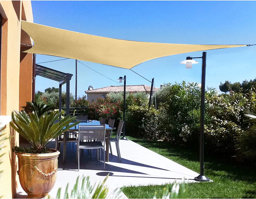 Beige waterproof sun shade sail canopy tied at corners for outdoor patio shade