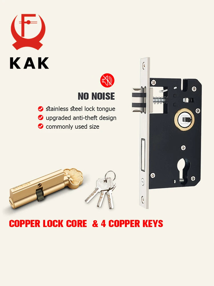 KAK European Style Gold Door Locks with Keys Door Handle Ivory White Security Entrance Door Lock Mute Anti-theft Door Hardware