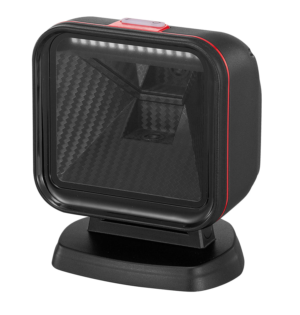 Omnidirectional 2D desktop barcode scanner with black housing and red indicator lights