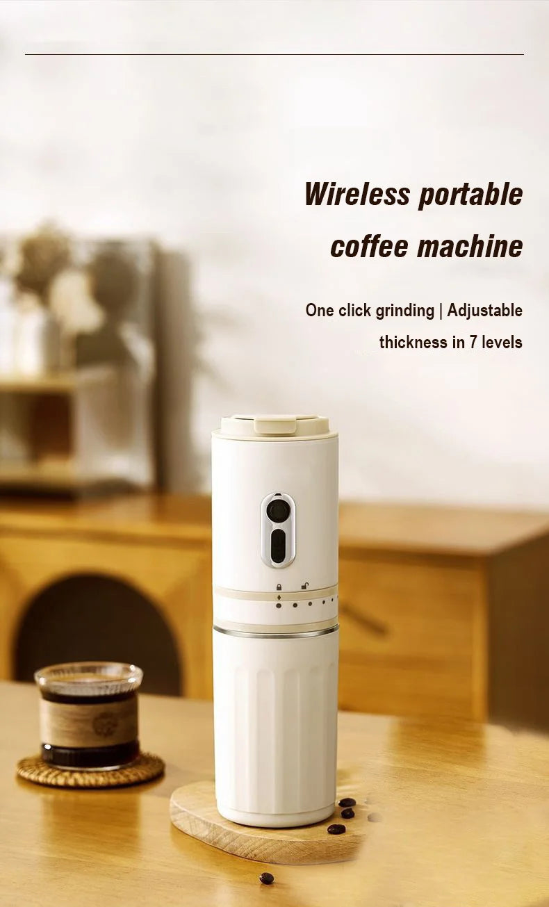 White wireless portable coffee maker with 7-level adjustable grinder on a wooden table.