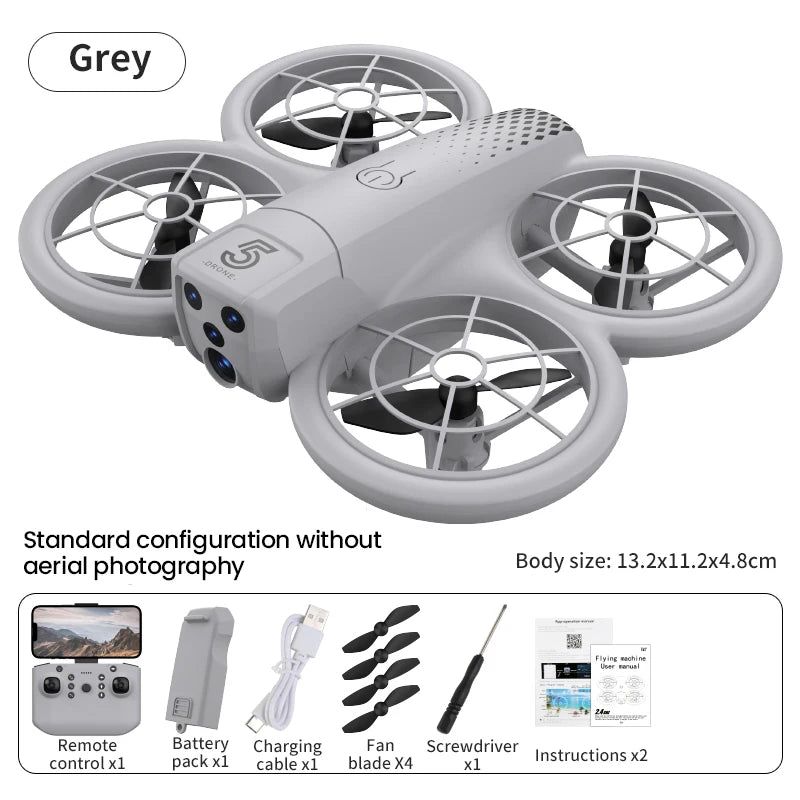 Grey mini drone with four-ring propeller guards, remote controller, battery, charging cable, and spare blades.