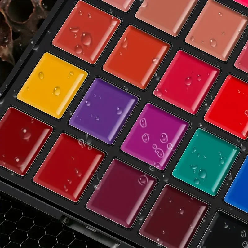 25-color waterproof lipstick palette featuring vibrant, long-lasting cream shades with a smooth, smudge-proof finish.