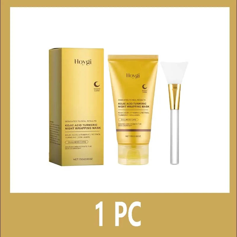 Hoygi Turmeric Kojic Acid Night Wrapping Mask set with applicator for anti-wrinkle Korean skincare and face firming.