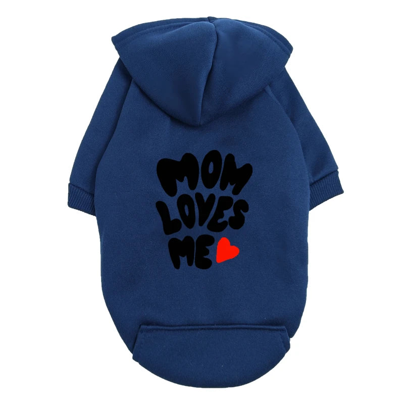 Blue "Mom Loves Me" dog hoodie with red heart for small dogs. Cozy, warm fleece pet sweater for a cute puppy gift.