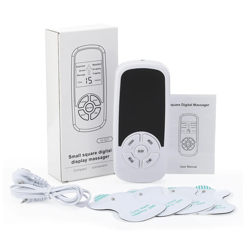 White digital TENS massager with control unit, connecting cable, and four electrode pads in original packaging.