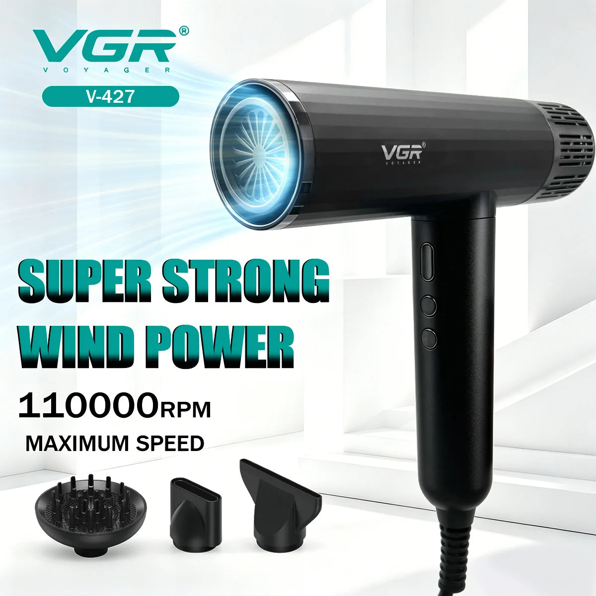 VGR V-427 black professional ionic hair dryer, 110,000 RPM brushless motor, with diffuser and concentrator nozzles.