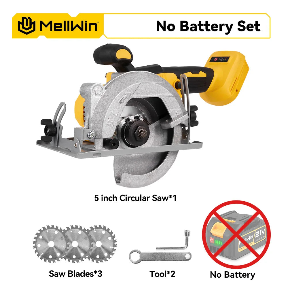 Cordless 5-inch circular saw with three saw blades and tools, no battery