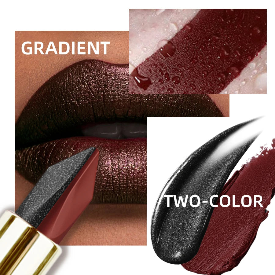 Two-tone lipstick with glitter black and matte red rose shades for a gradient, moisturizing lip makeup effect.
