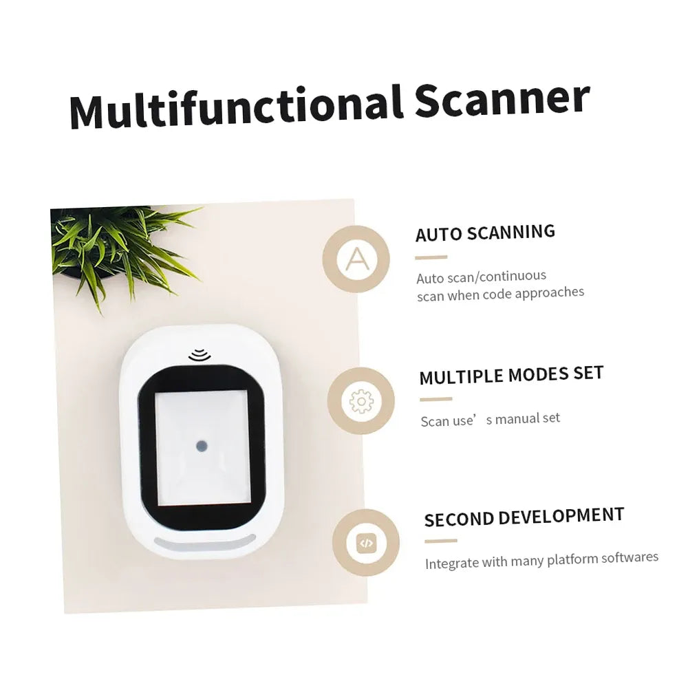 White multifunction barcode scanner with black scan window and feature icons