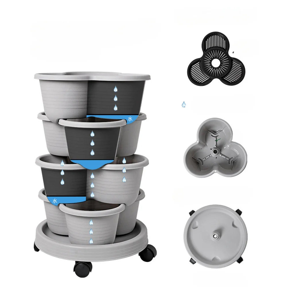 Stackable vertical garden planter with wheels and water-flow arrows across tiers