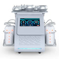 White 6-in-1 body slimming machine with touchscreen, multiple silver applicator heads, and laser pads for skin