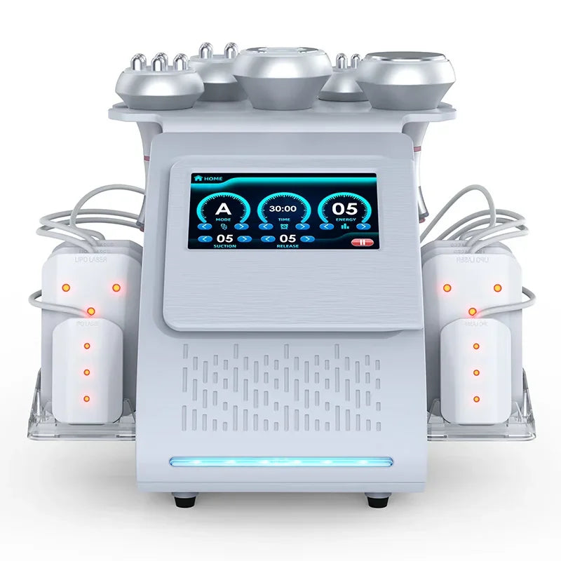 White 6-in-1 body slimming machine with touchscreen, multiple silver applicator heads, and laser pads for skin
