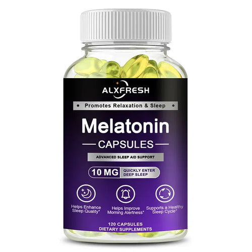 Alxfresh 10mg melatonin capsules, 120 count, in purple packaging. Effective sleep supplement for deep sleep support.