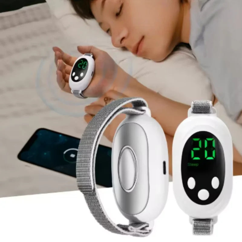 White microcurrent sleep aid device with grey wrist strap, digital display, and pulse massager for anxiety relief.