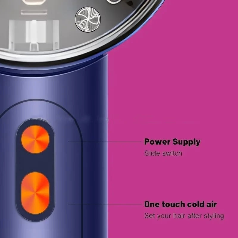 Blue high-speed leafless hair dryer featuring power switch and one-touch cold air button for professional styling.