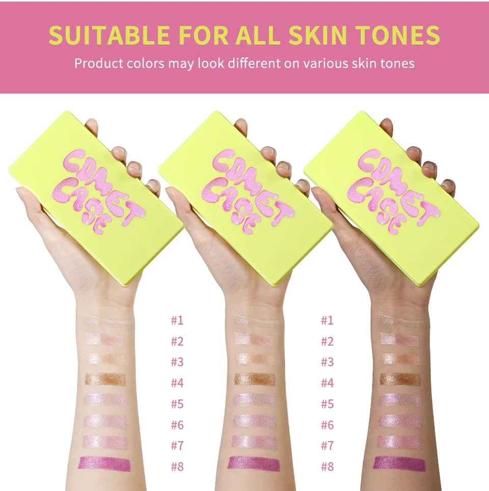 Tidesmit 8 color cream highlighter palette shade swatches for shimmering face makeup and glowing skin