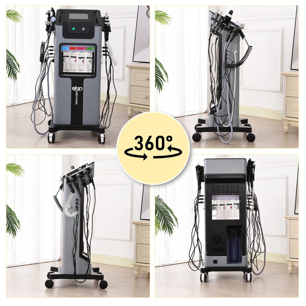 Grey 10-in-1 facial machine on wheels with multiple treatment wands, liquid bottles, and an LCD screen interface.