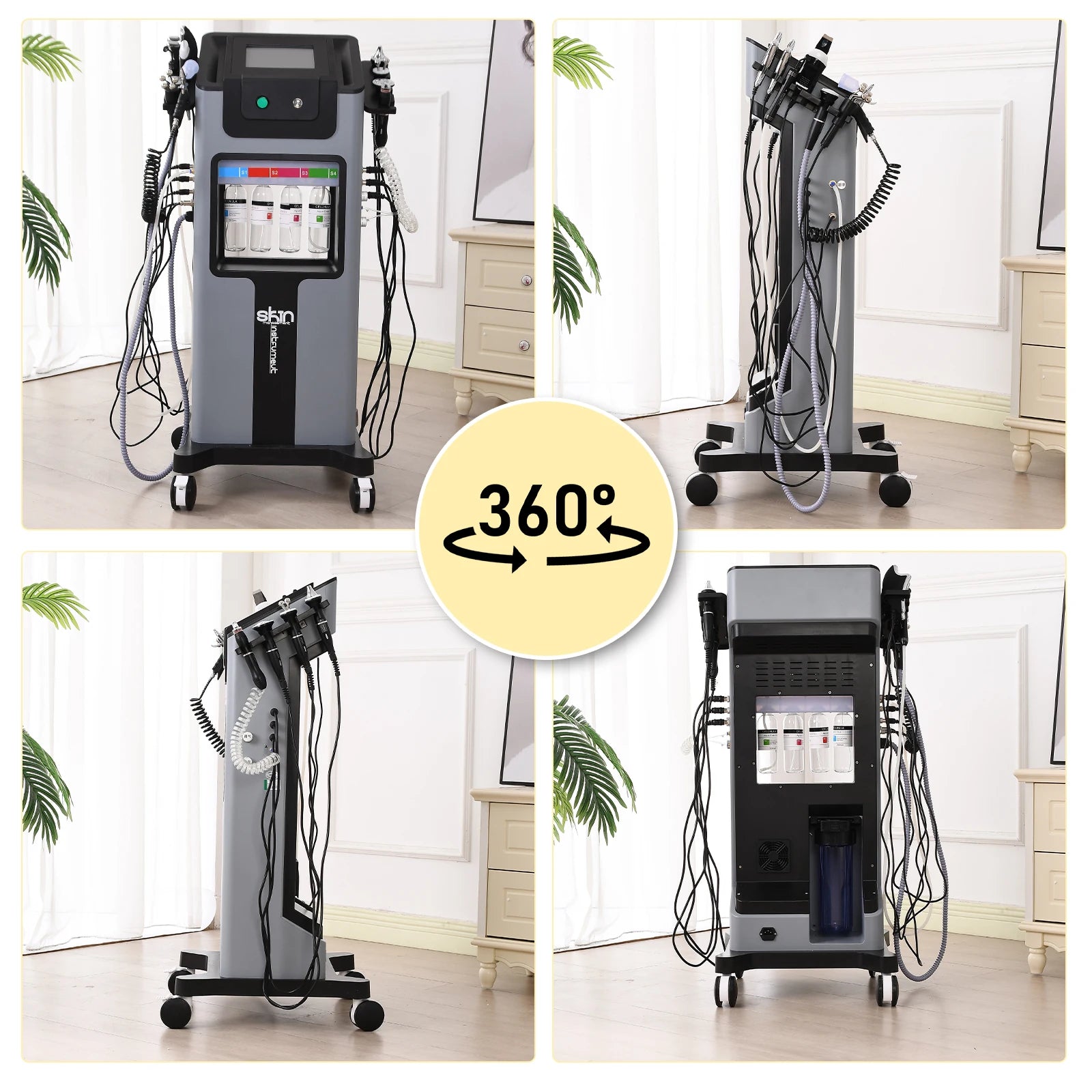 Grey 10-in-1 facial machine on wheels with multiple treatment wands, liquid bottles, and an LCD screen interface.