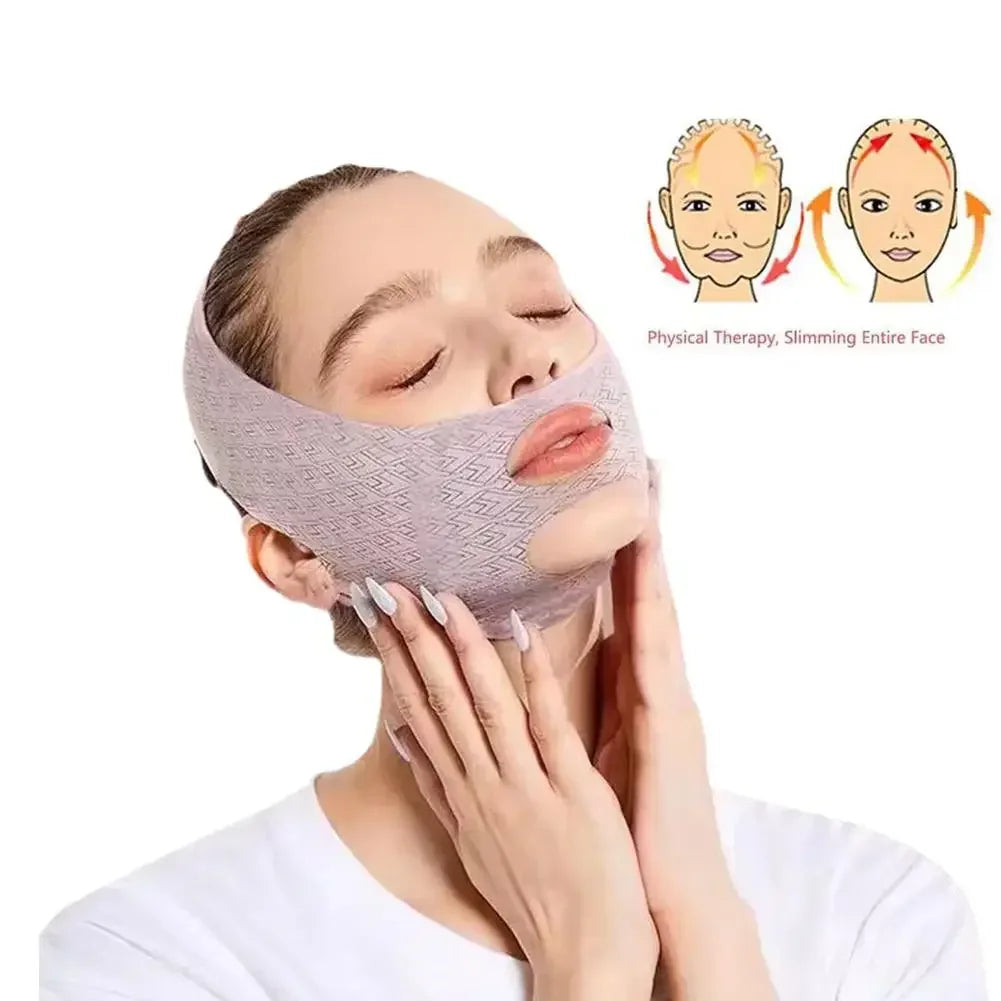 Woman wearing a textured, mauve-colored V-line face slimming bandage with cutouts for ears and mouth.