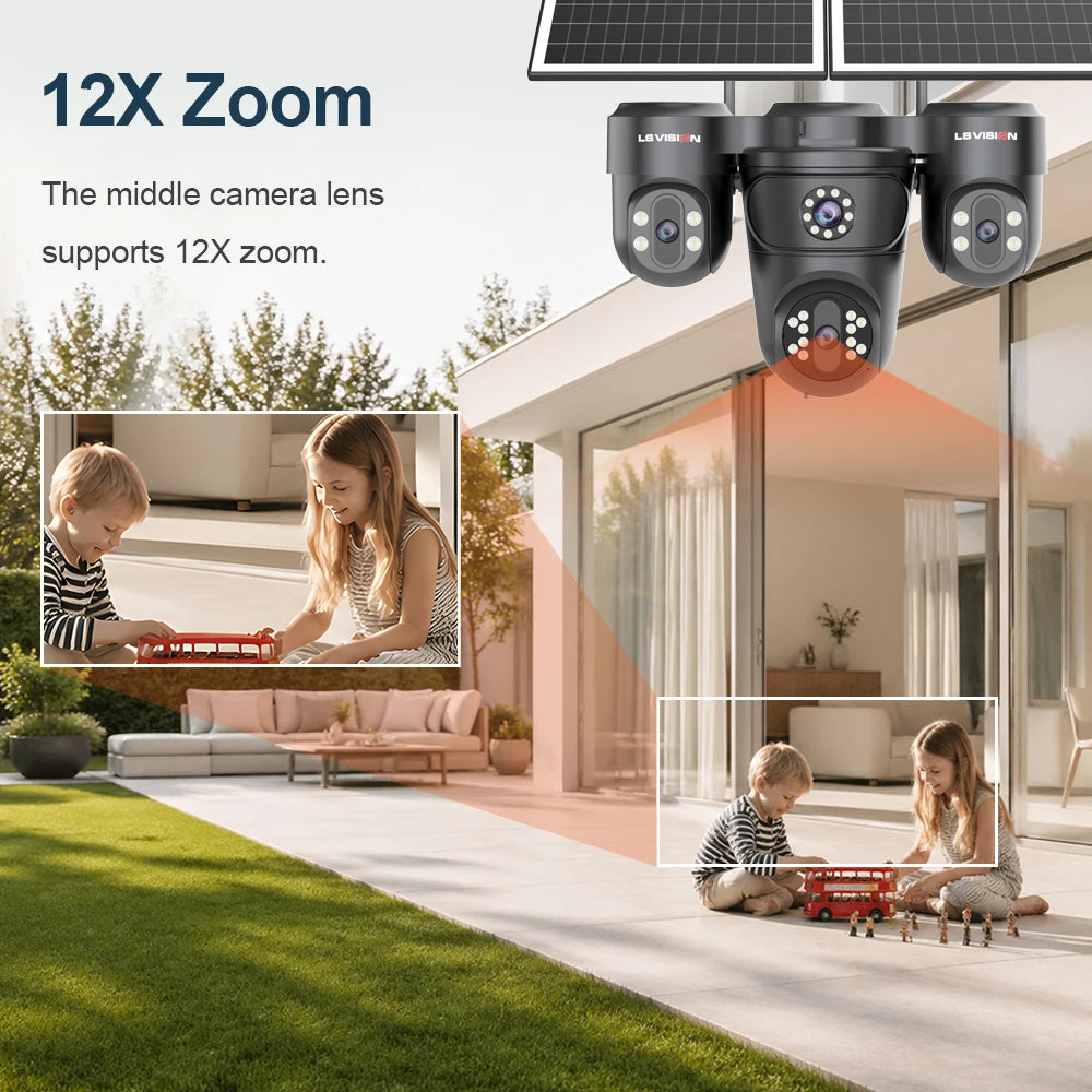 LS VISION 20MP 4 Screen 4G AOV  Solar Camera 12X Zoom 3 PTZ 360° 24/7 Video Recording  AI Humanoid Auto Tracking CCTV IP Camera